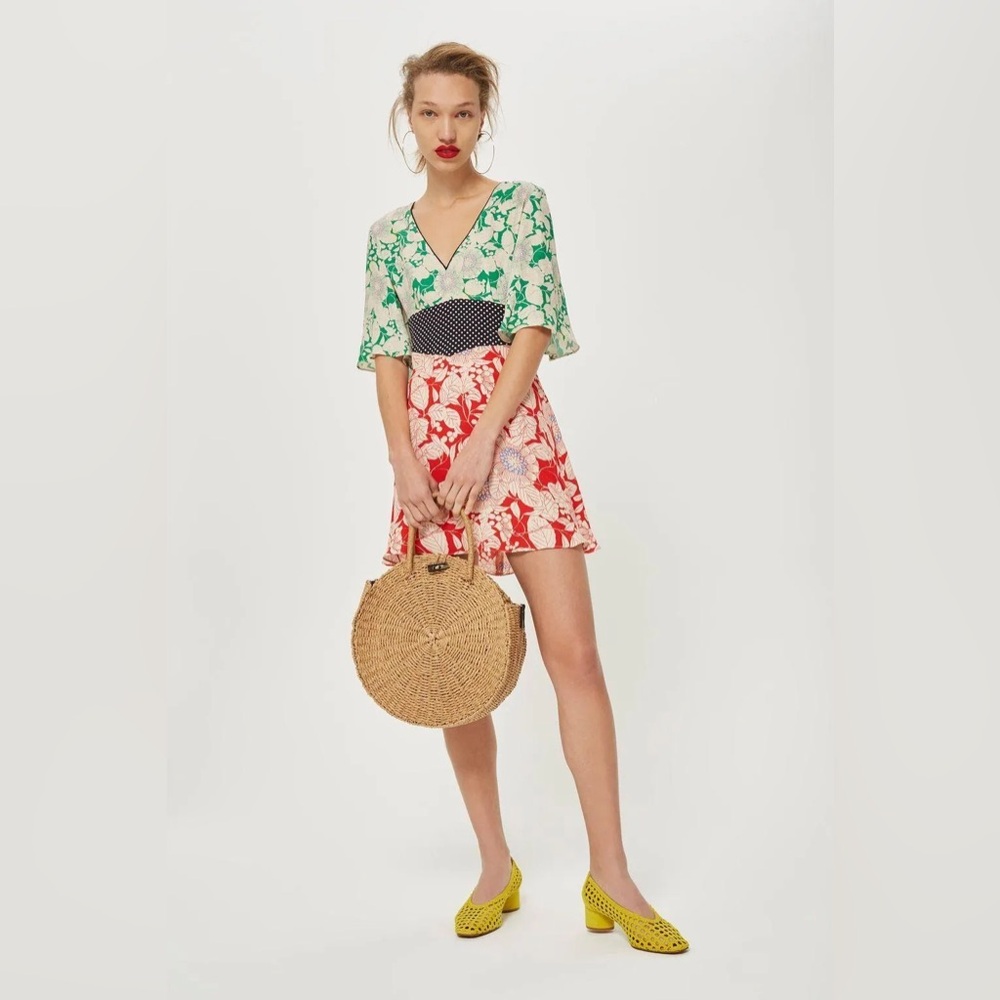 Topshop Green and Red Floral Colorblock Mini Dress